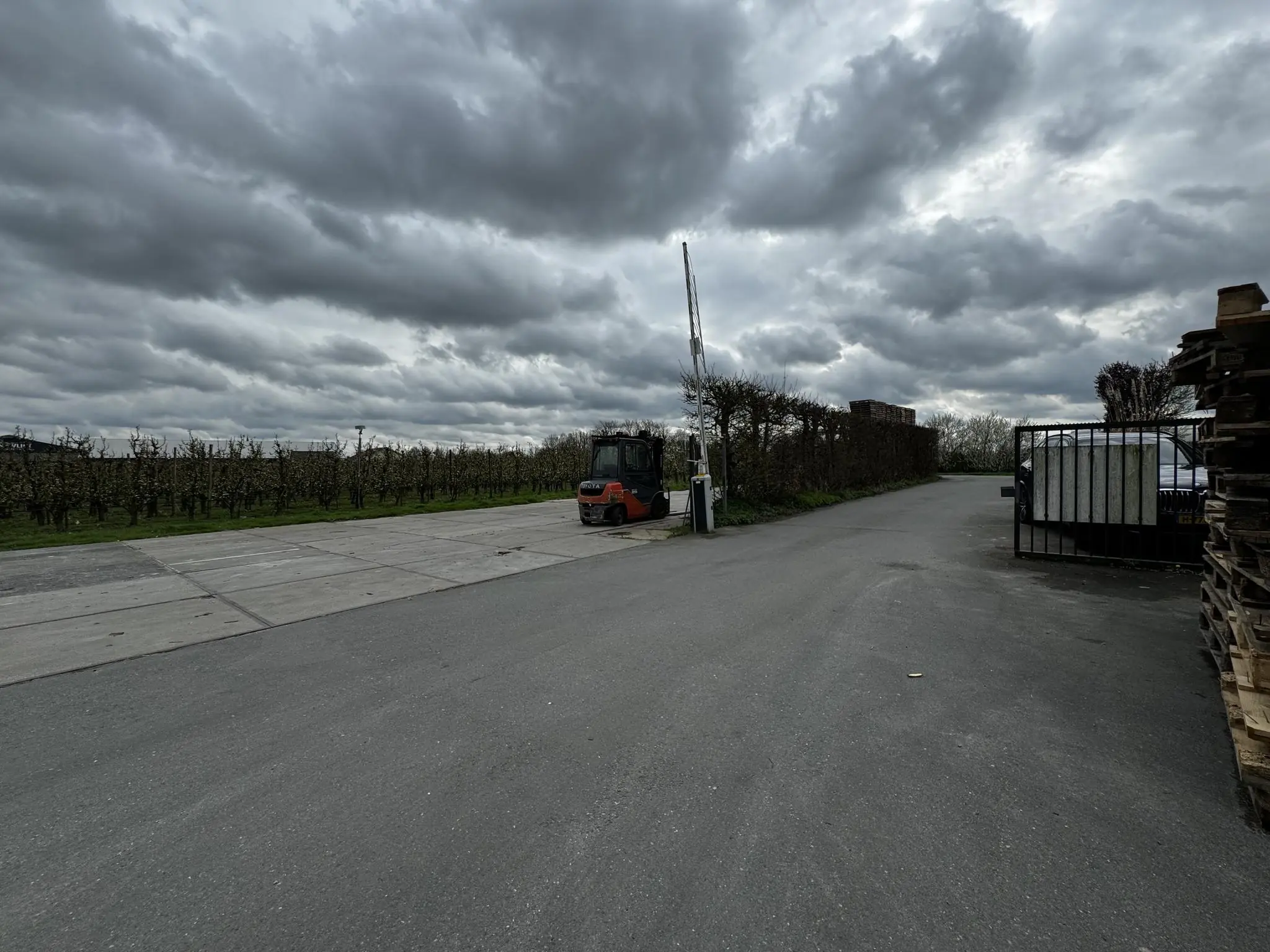 Een geasfalteerde weg met een heftruck en slagboom aan de Graaf van Lynden van Sandenburgweg, omringd door boomgaarden en stapels pallets onder een bewolkte lucht.